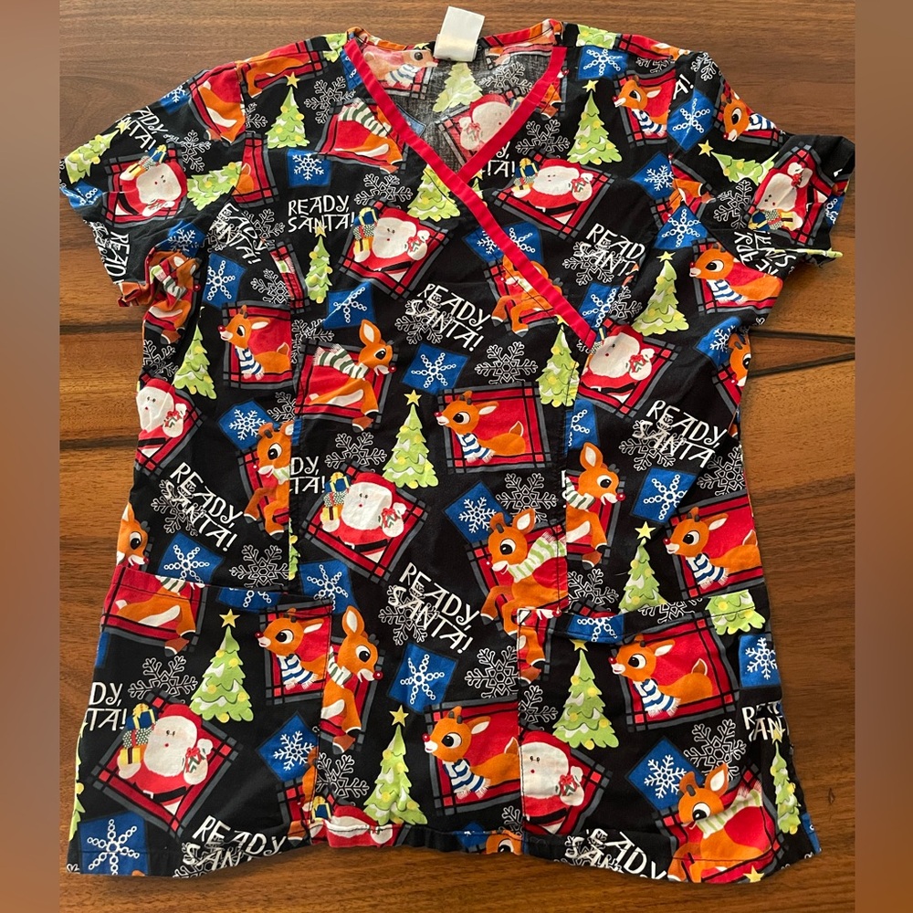 Rudolph Christmas Mock Wrap Scrub Top - Medium - Ready Santa!